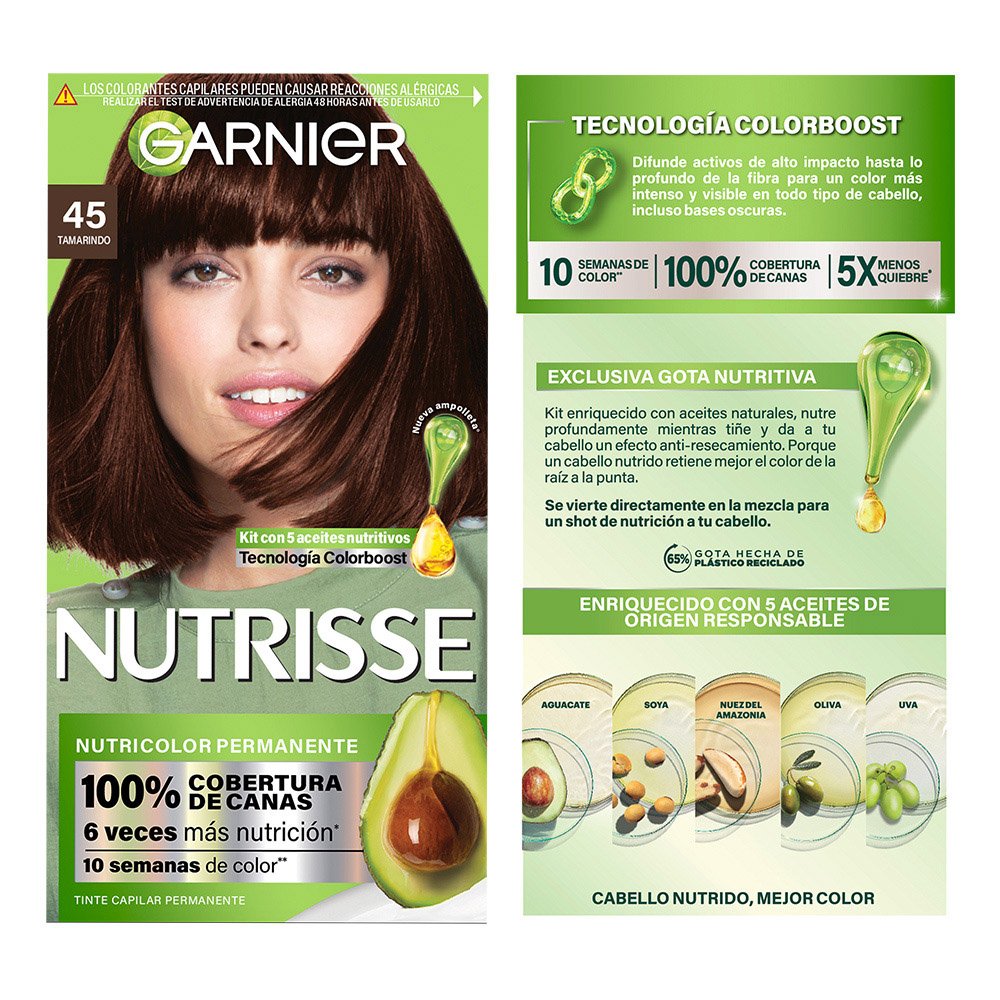 GARNIER NUTRISSE, NUTRISSE, NUTRISSE REGULAR, COLORACIÓN DE CABELLO, TINTE DE CABELLO, COLOR INTENSO, COLORACIÓN, FÓRMULA VEGANA, CRUELTY FREE, TONO 45, TAMARINDO